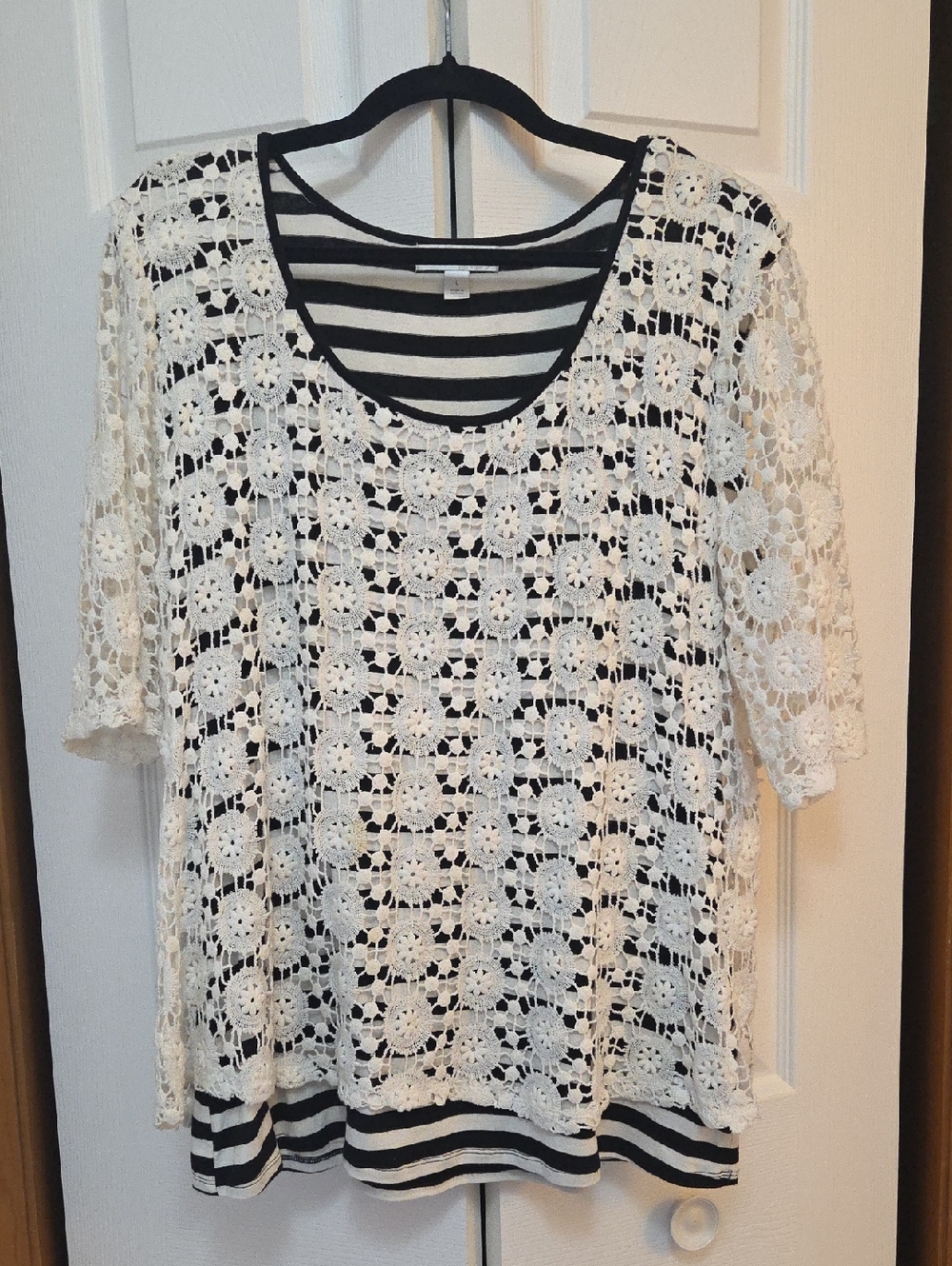 Dressbarn White Crochet Overlay with Black-and-White Striped Tank Attached L